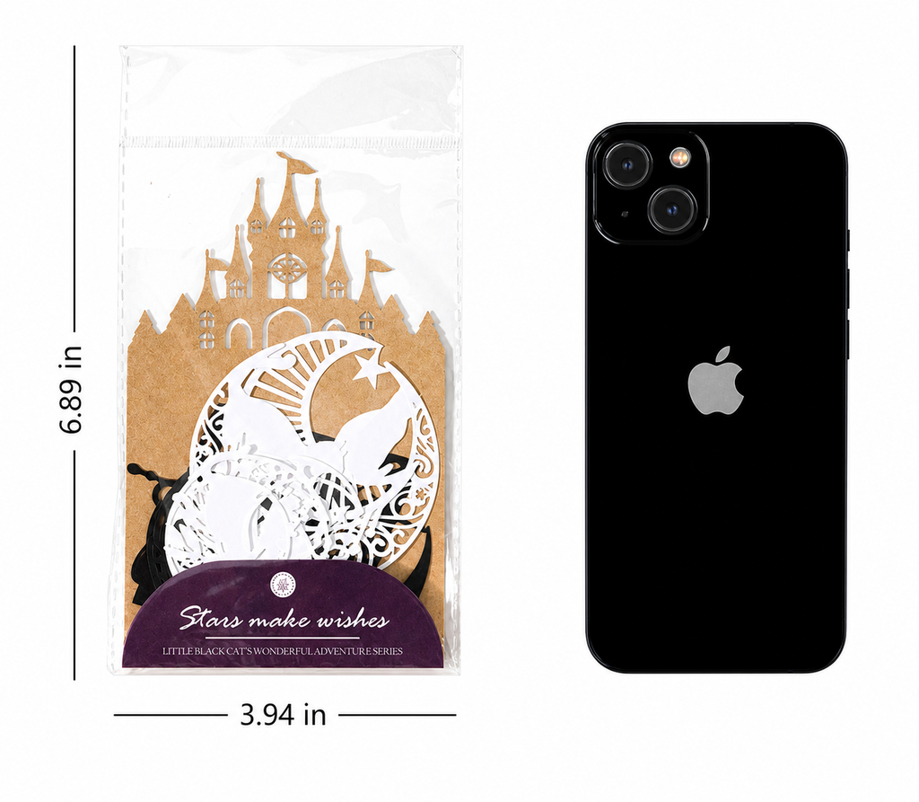 Little Black Cat's Wonderful Adventure Hollow-Out Card Pack | 10 cards per pack, 4 Styles, Black Cardstock