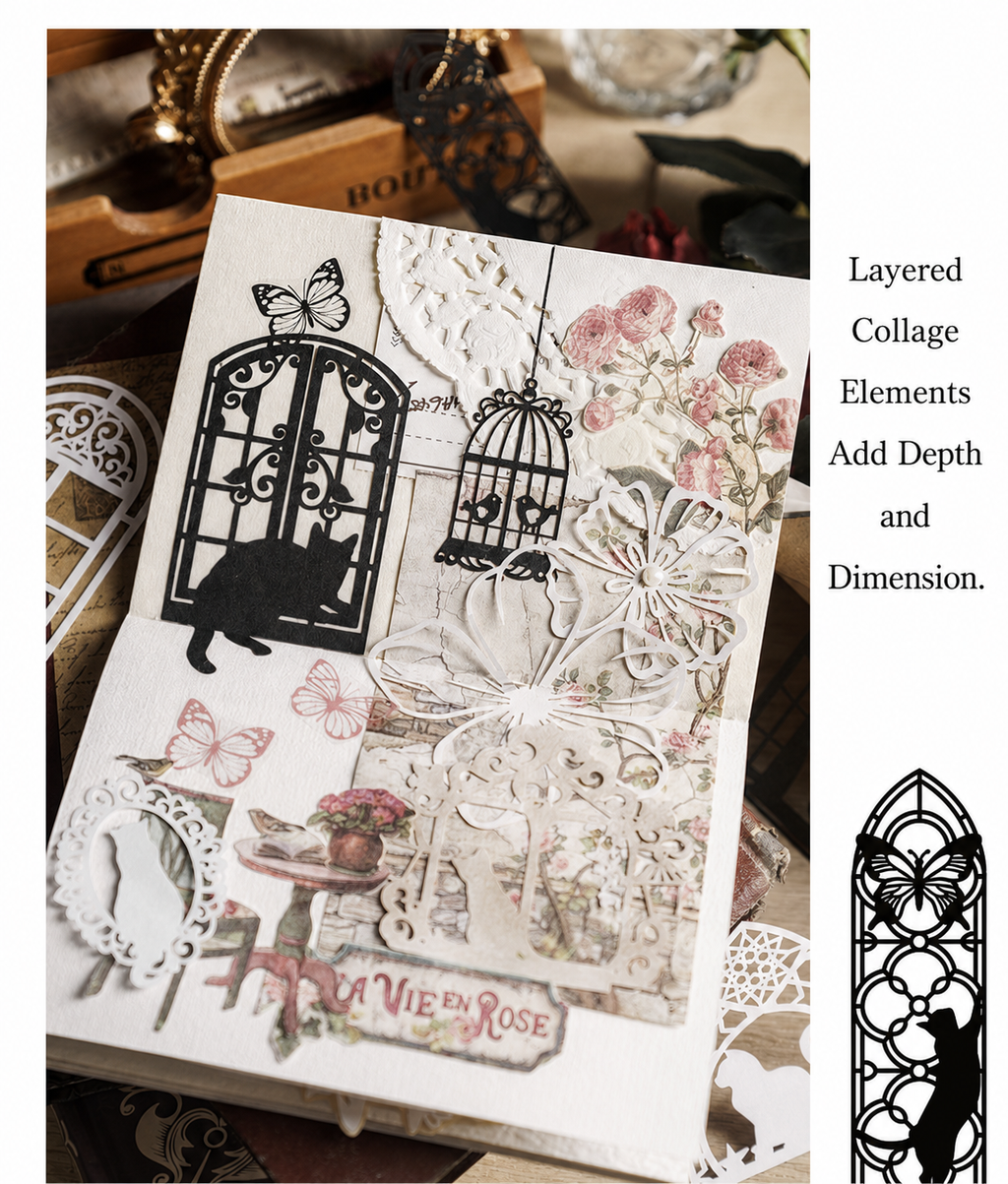 Little Black Cat's Wonderful Adventure Hollow-Out Card Pack | 10 cards per pack, 4 Styles, Black Cardstock