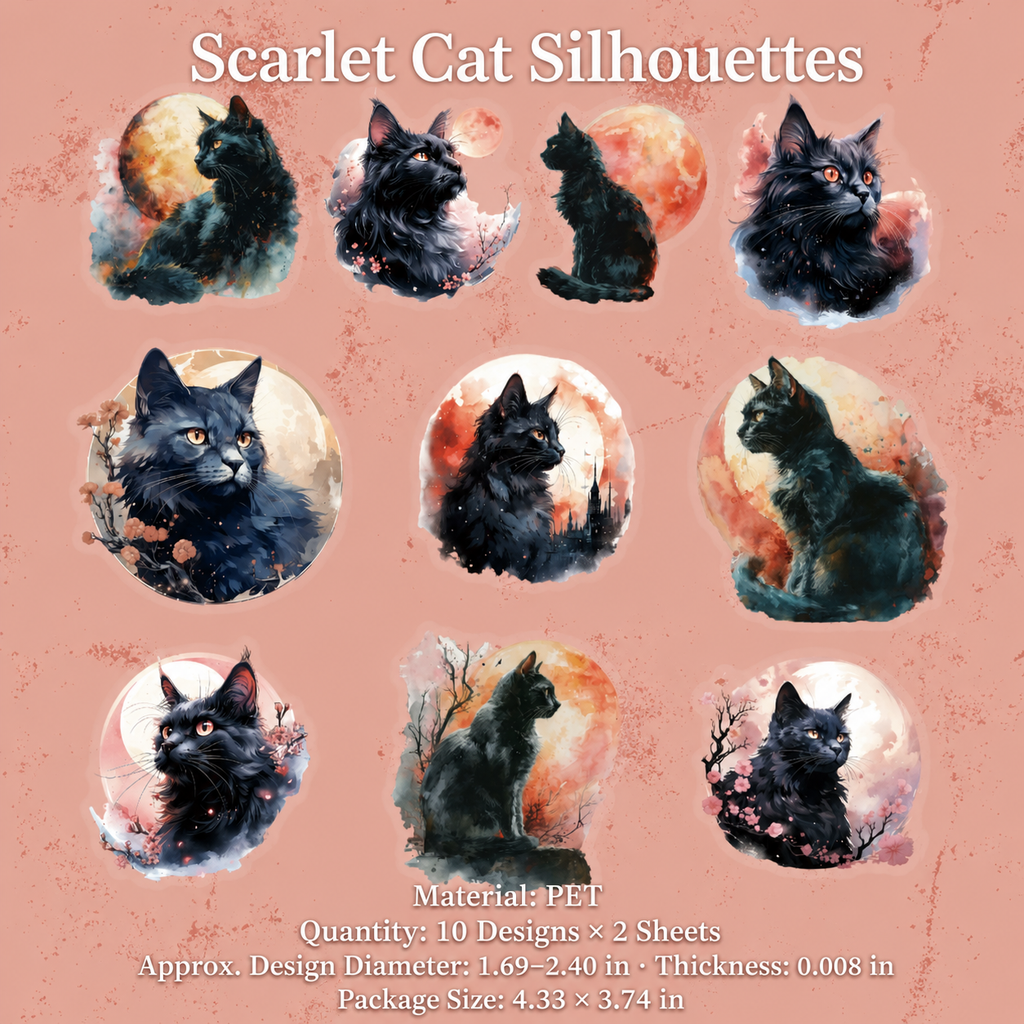 Retro Story Moonlit Cat Series PET Sticker Pack | 10 designs x 2, 4 Styles, Watercolor Black Cats