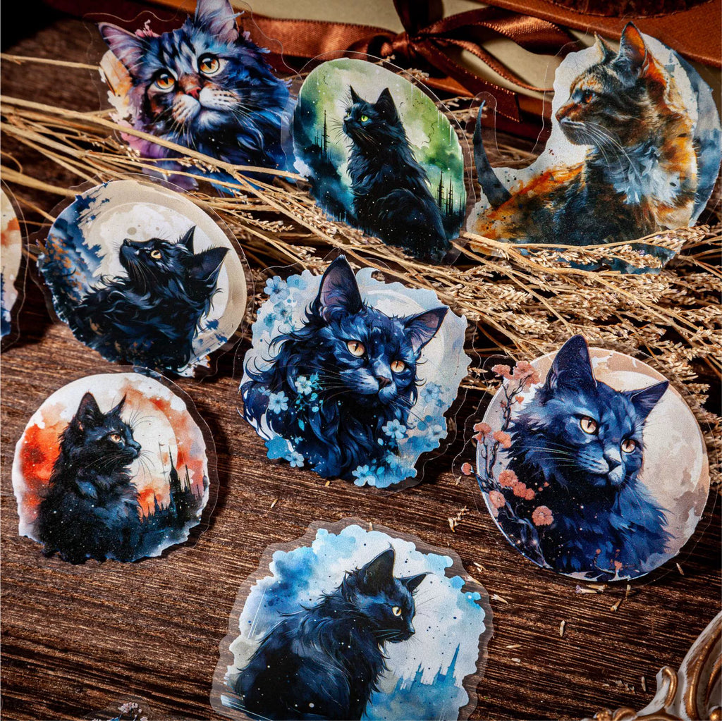 Retro Story Moonlit Cat Series PET Sticker Pack | 10 designs x 2, 4 Styles, Watercolor Black Cats