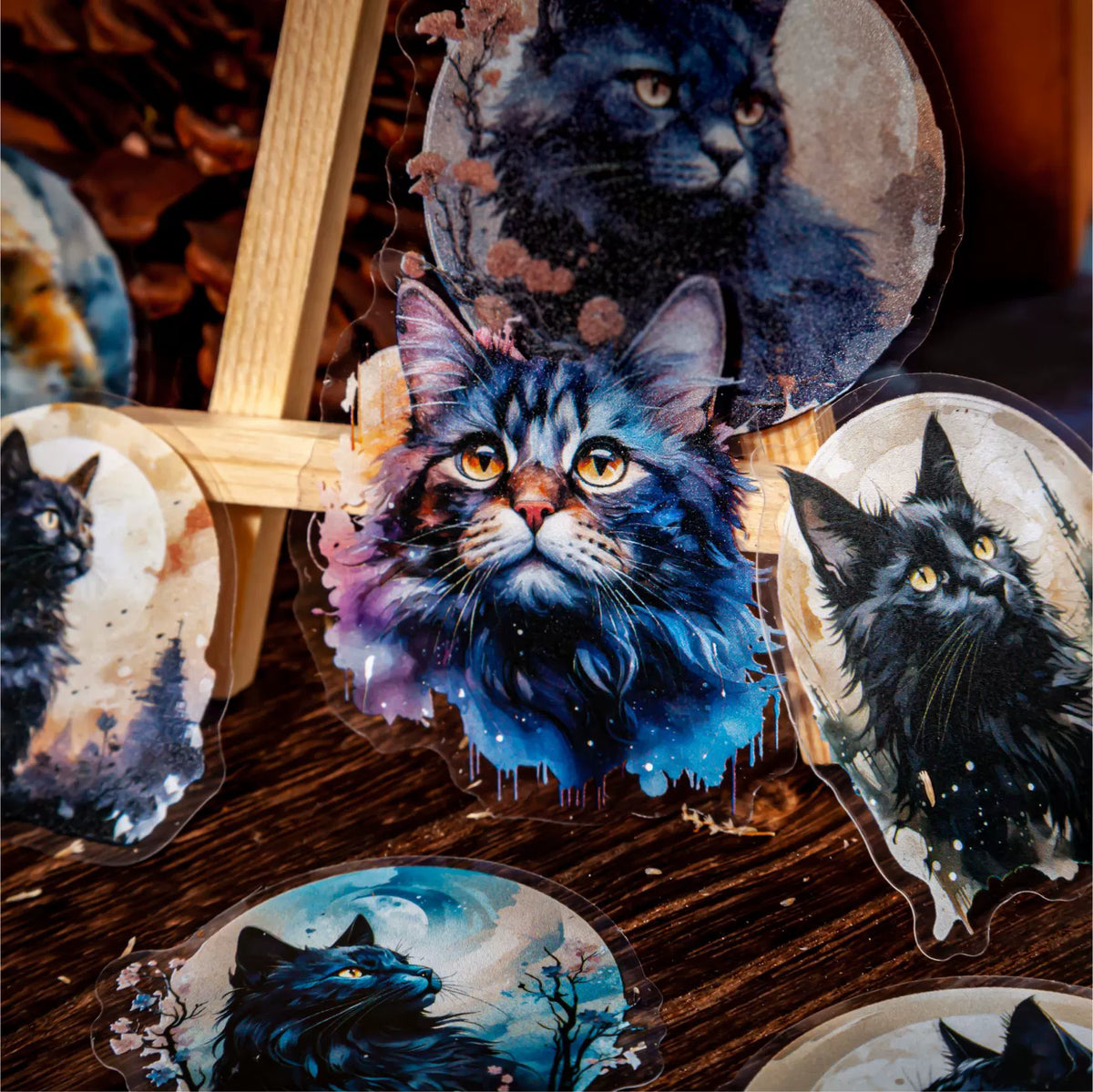Retro Story Moonlit Cat Series PET Sticker Pack | 10 designs x 2, 4 Styles, Watercolor Black Cats