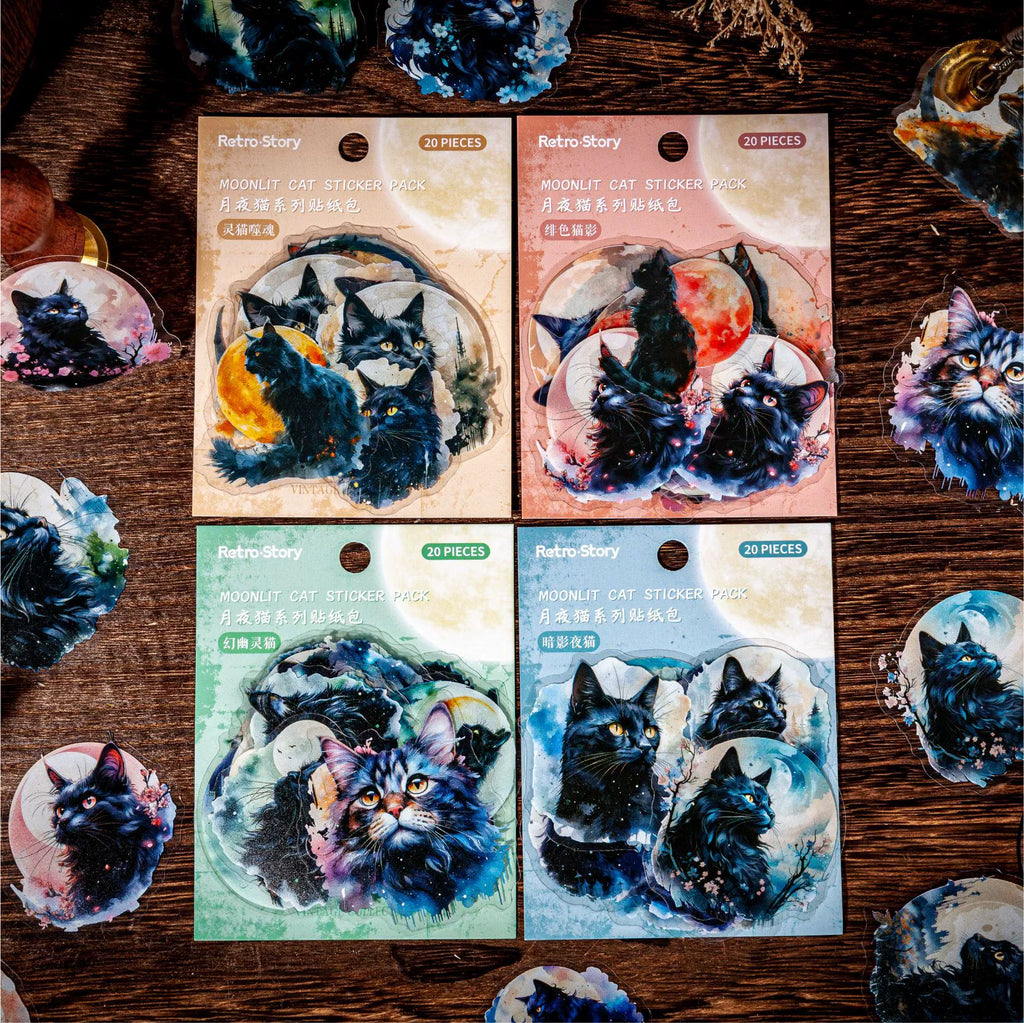 Retro Story Moonlit Cat Series PET Sticker Pack | 10 designs x 2, 4 Styles, Watercolor Black Cats