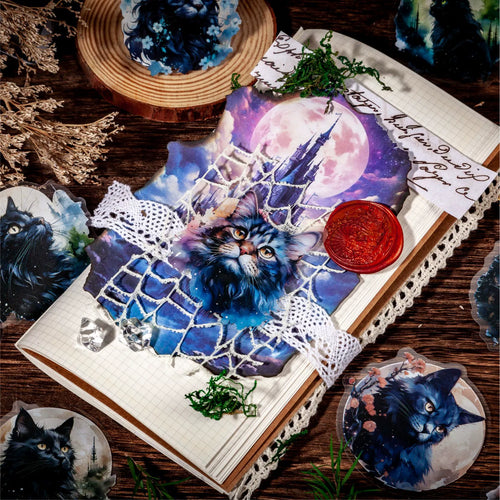 Retro Story Moonlit Cat Series PET Sticker Pack | 4 Styles, Watercolor Black Cats