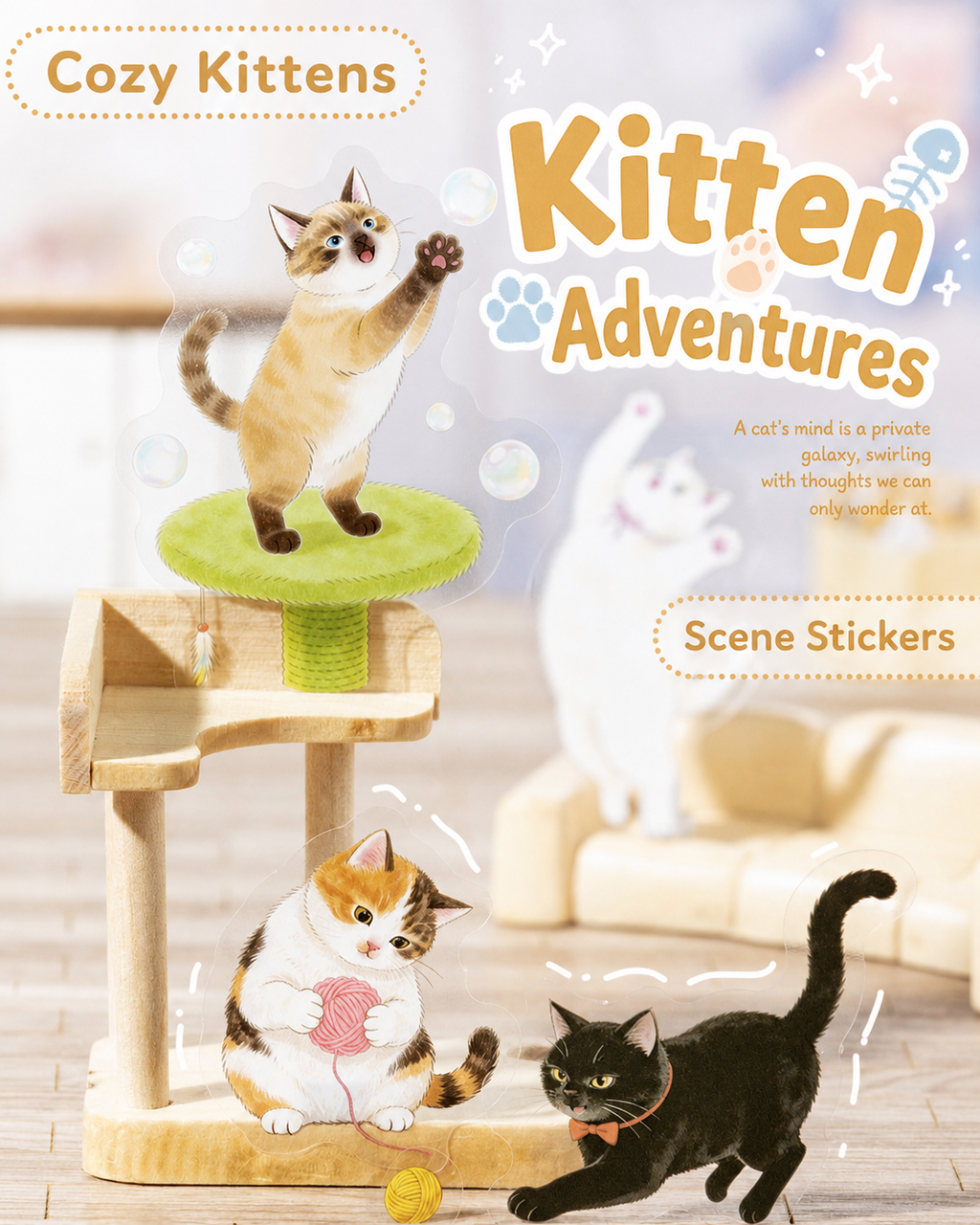 Adventures of a Cute Kitten Sticker Pack | 25 designs x 2 (50 stickers total), 4 Cat Colors, Home Life Theme