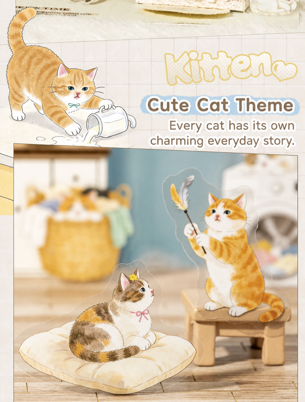 Adventures of a Cute Kitten Sticker Pack | 25 designs x 2 (50 stickers total), 4 Cat Colors, Home Life Theme