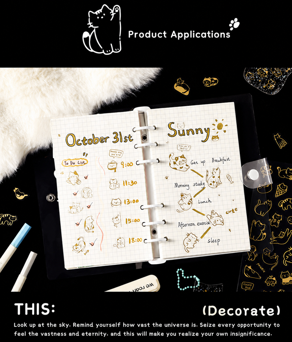 Gold Foil Cat Sticker Sheet | Meow Story Series, Waterproof PET, 1 sheet per pack, 4 Designs