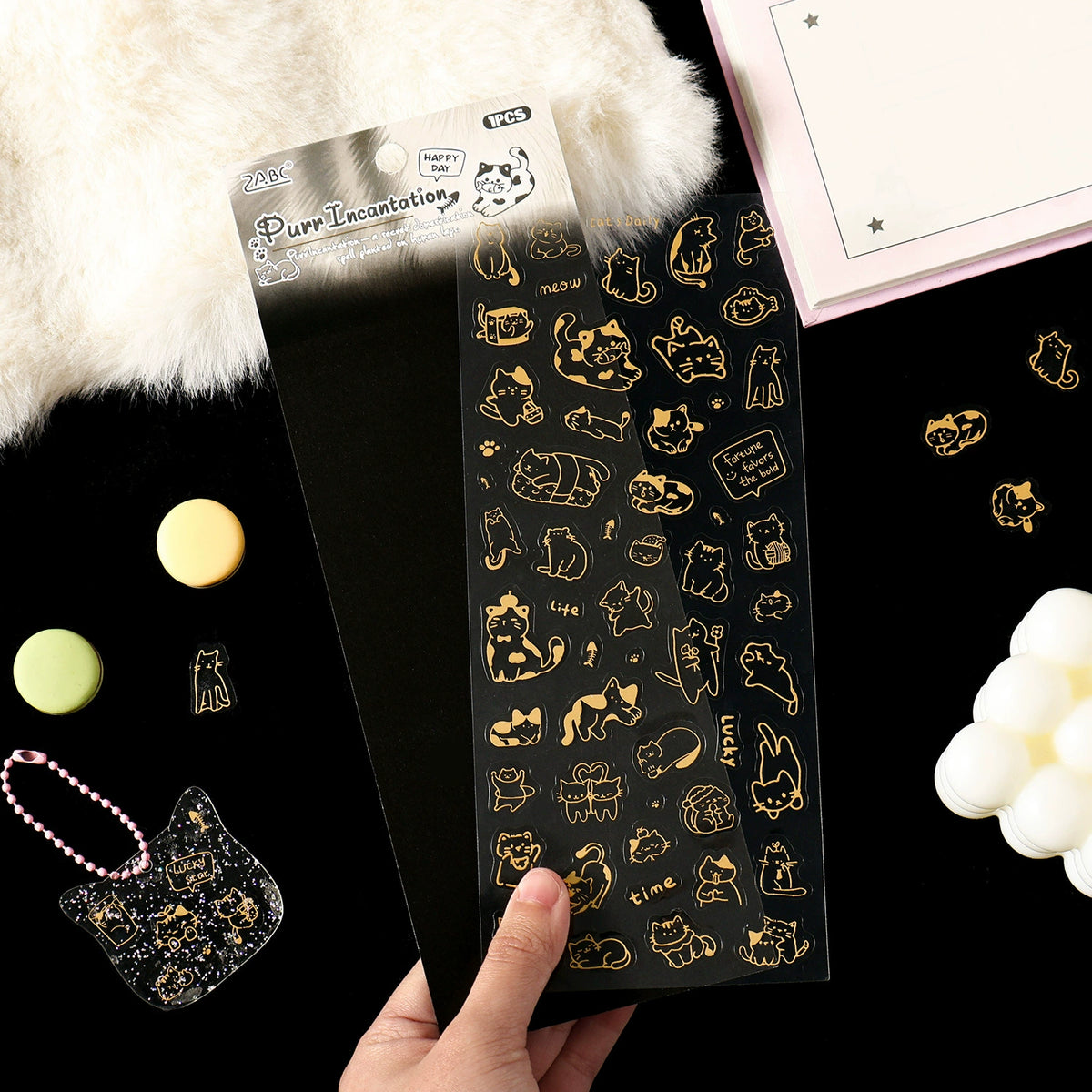 Gold Foil Cat Sticker Sheet | Meow Story Series, Waterproof PET, 1 sheet per pack, 4 Designs