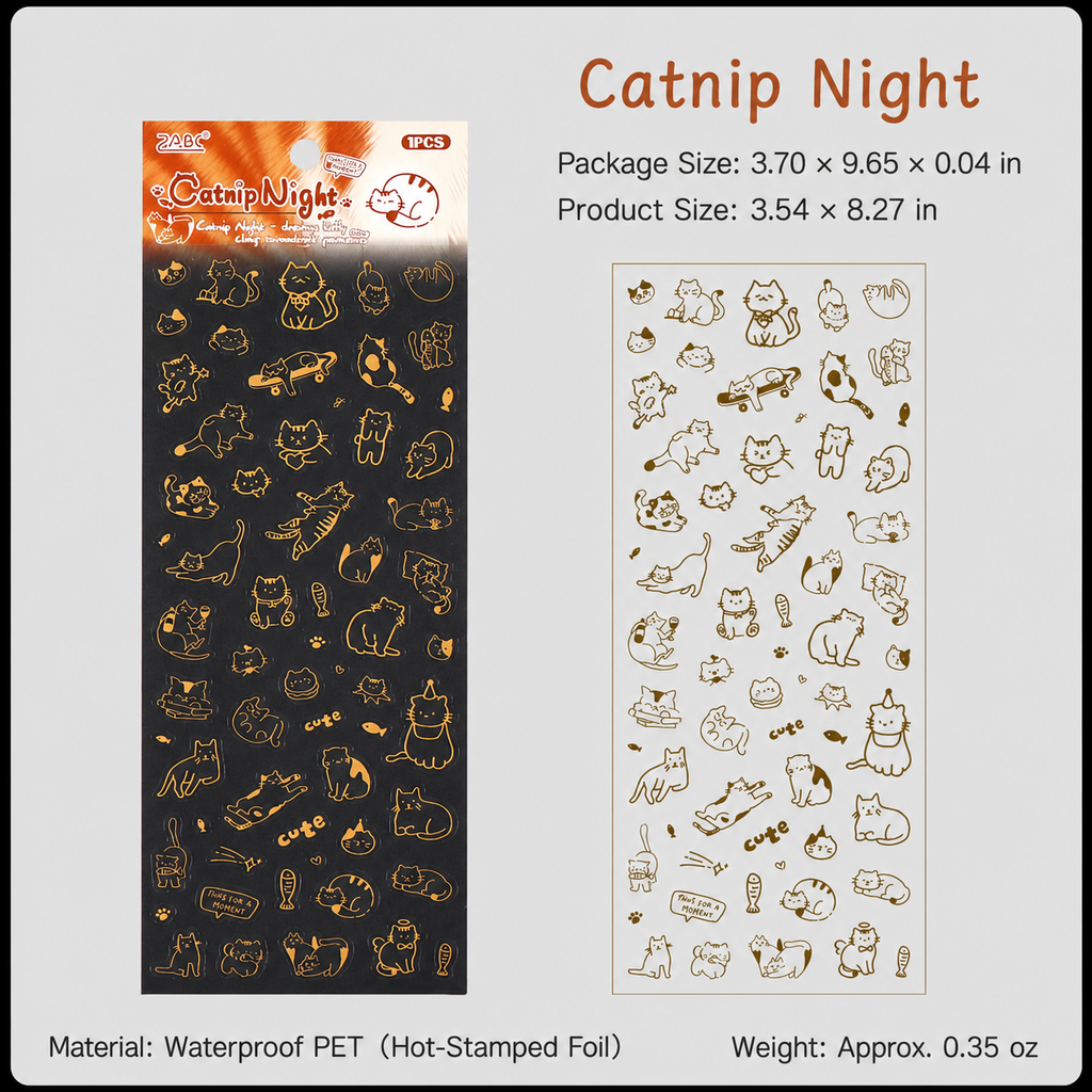 Gold Foil Cat Sticker Sheet | Meow Story Series, Waterproof PET, 1 sheet per pack, 4 Designs