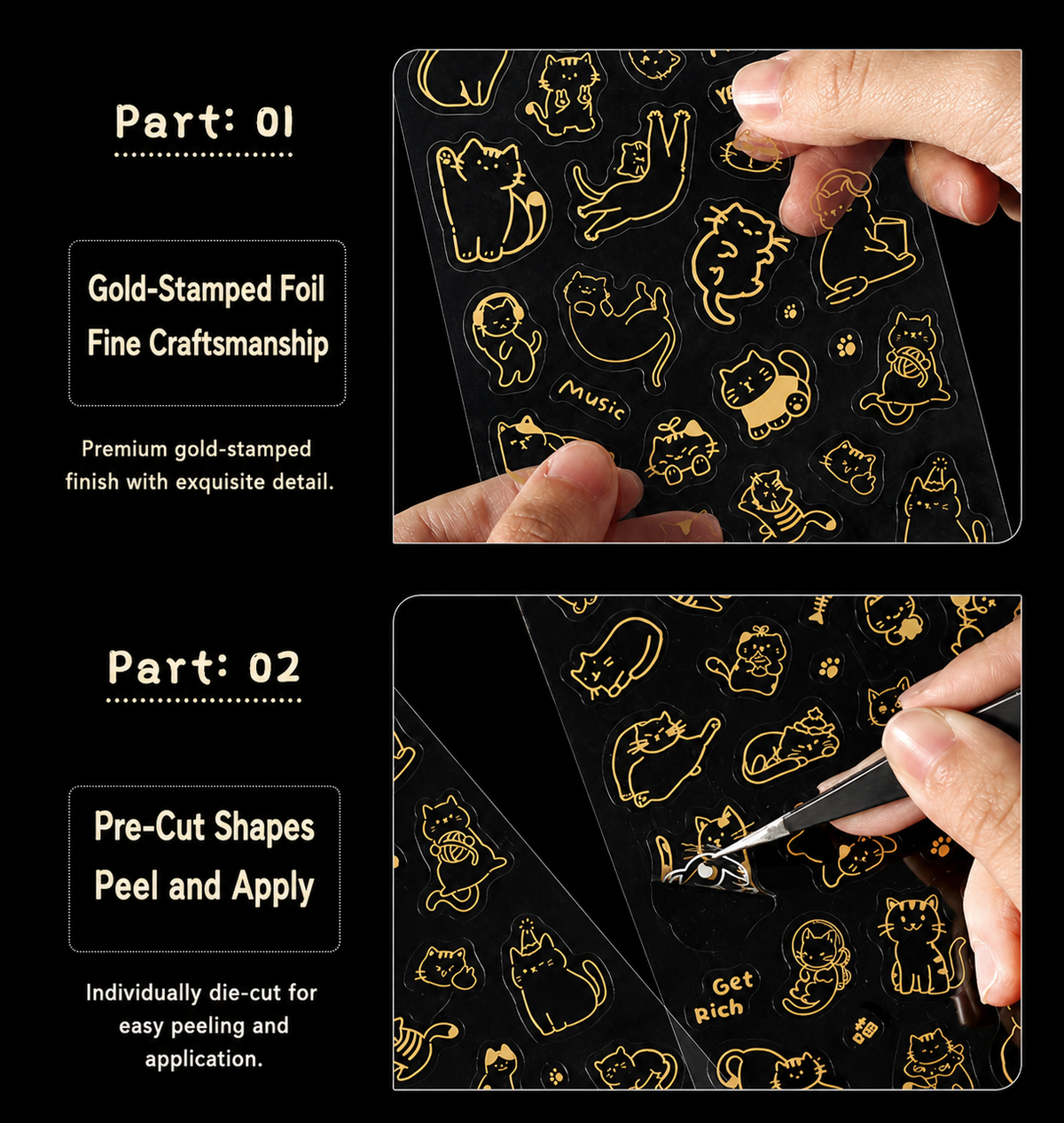 Gold Foil Cat Sticker Sheet | Meow Story Series, Waterproof PET, 1 sheet per pack, 4 Designs