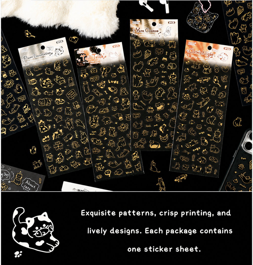 Gold Foil Cat Sticker Sheet | Meow Story Series, Waterproof PET, 1 sheet per pack, 4 Designs