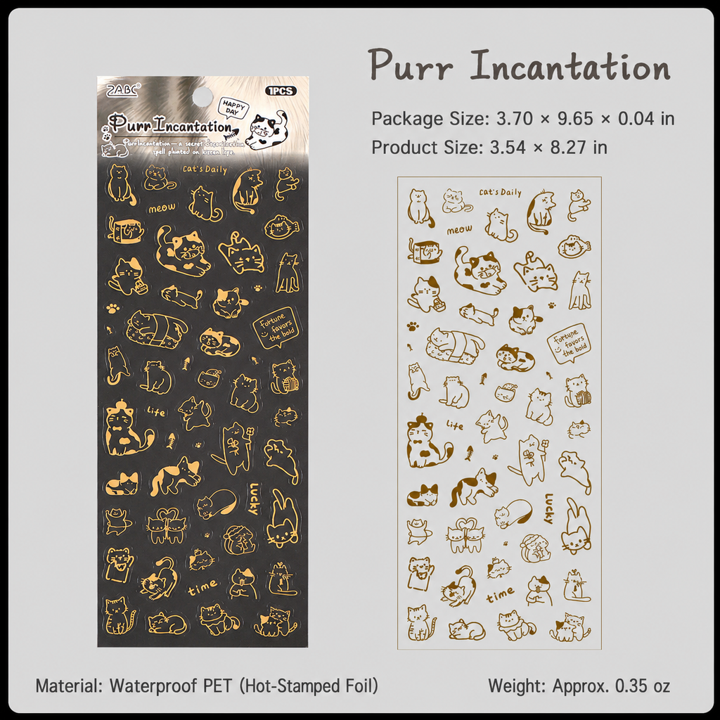 Gold Foil Cat Sticker Sheet | Meow Story Series, Waterproof PET, 1 sheet per pack, 4 Designs