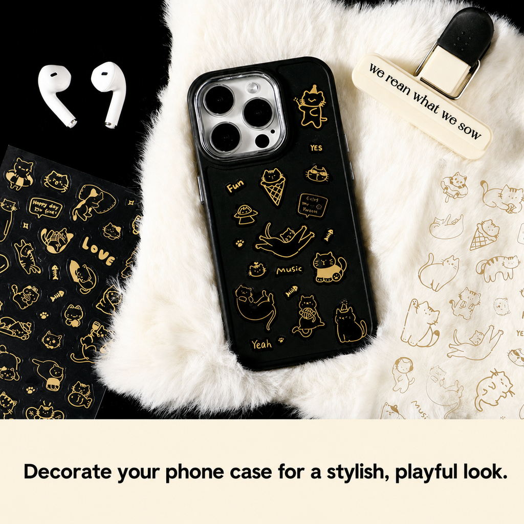 Gold Foil Cat Sticker Sheet | Meow Story Series, Waterproof PET, 1 sheet per pack, 4 Designs