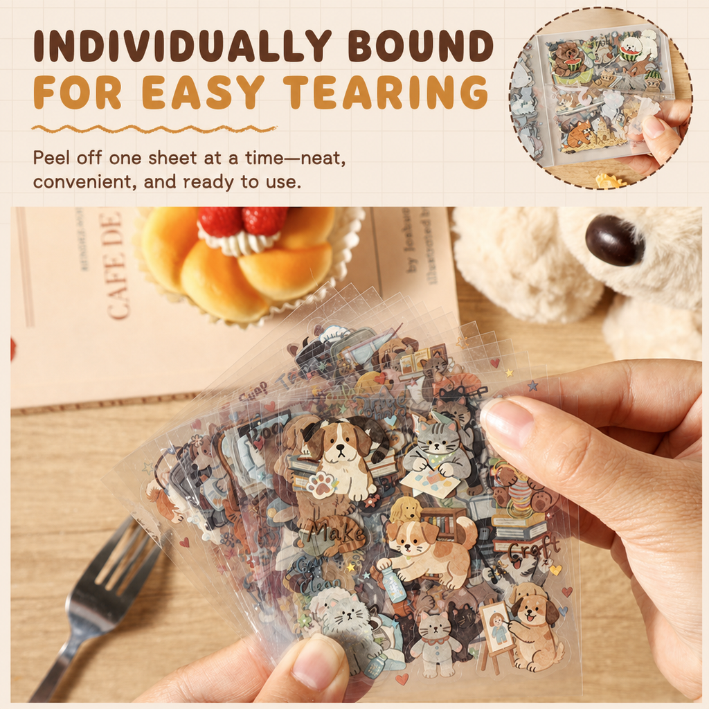 Cat & Dog Pet Club Die-Cut Sticker Book | 20 Sheets, 4 Themes, PET
