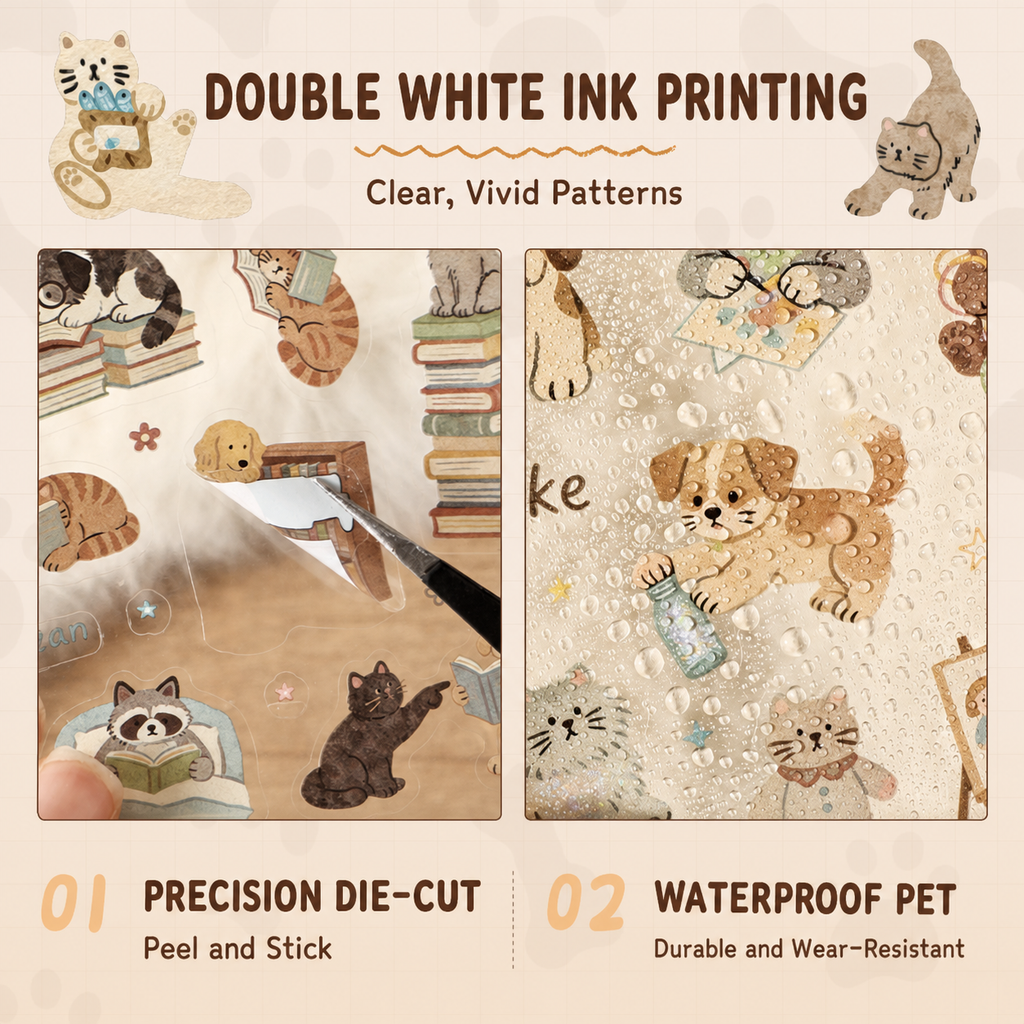 Cat & Dog Pet Club Die-Cut Sticker Book | 20 Sheets, 4 Themes, PET