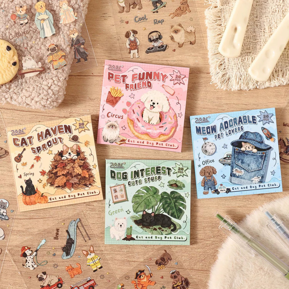 Cat & Dog Pet Club Die-Cut Sticker Book | 20 Sheets, 4 Themes, PET