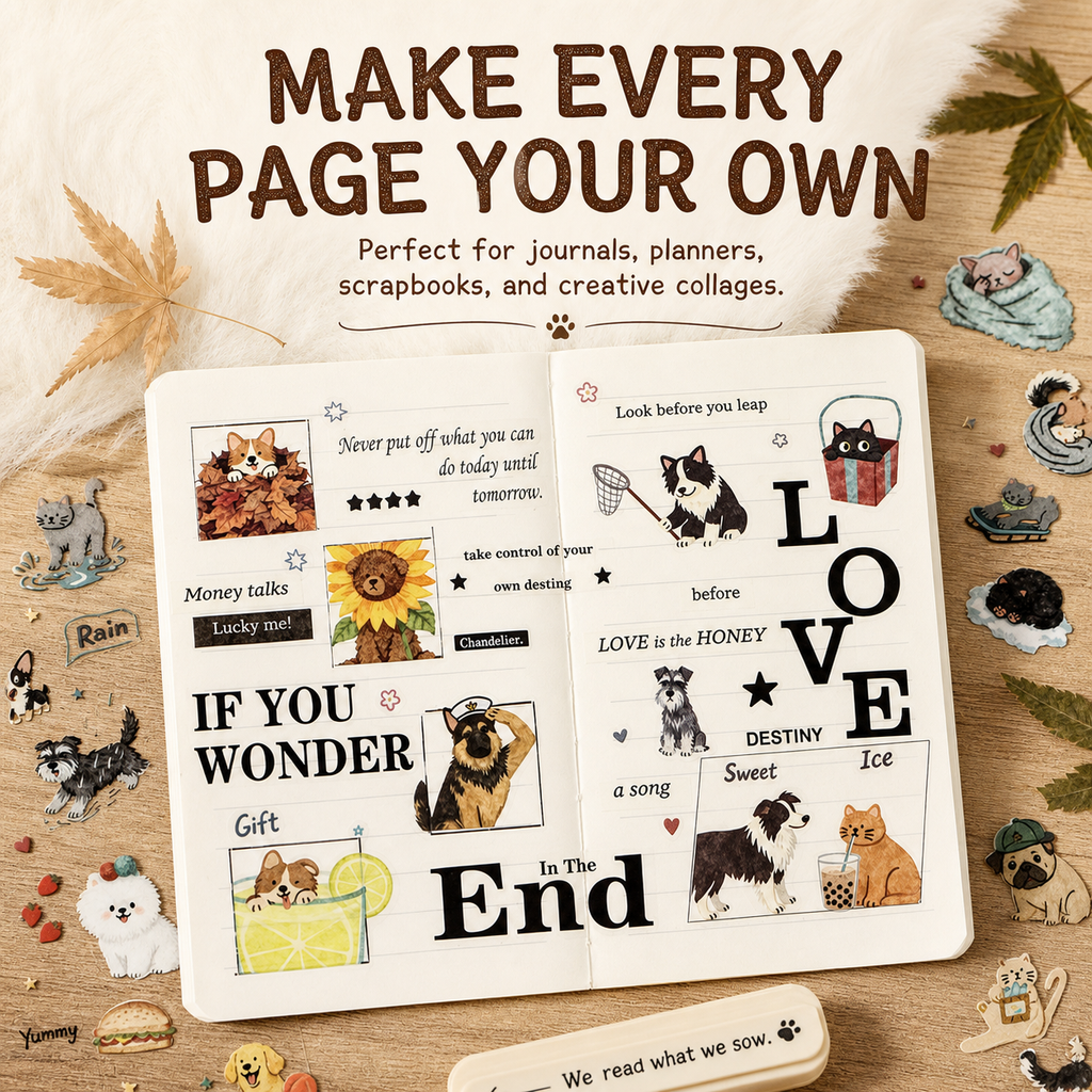 Cat & Dog Pet Club Die-Cut Sticker Book | 20 Sheets, 4 Themes, PET