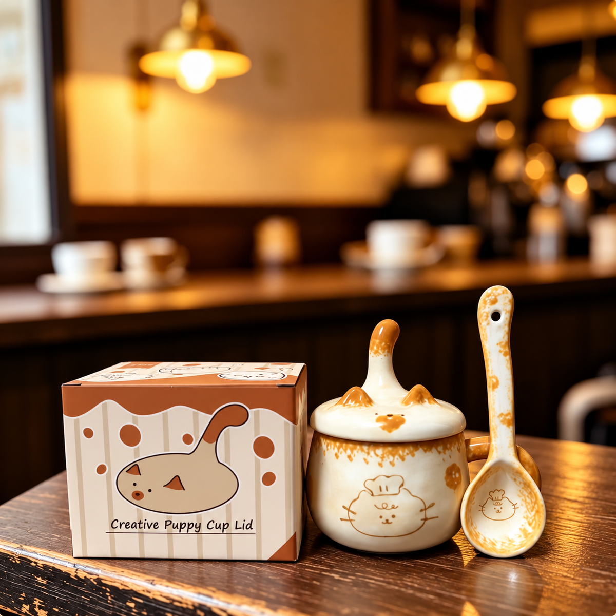 Chef Cat ceramic mug with cat-tail lid, matching ceramic spoon and printed gift box.