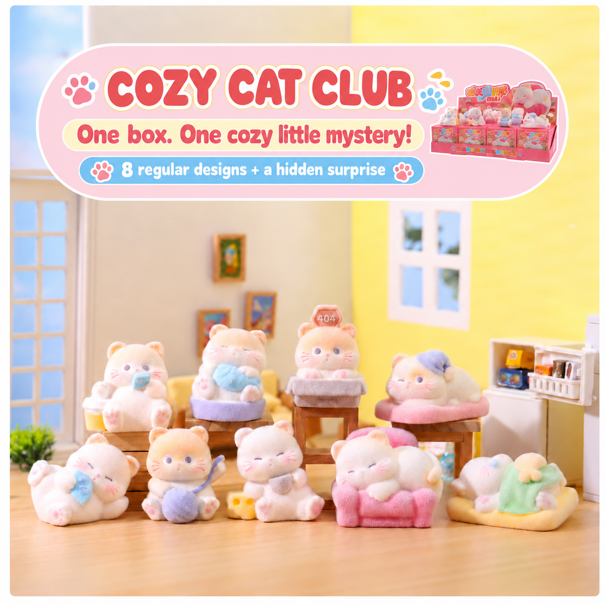 Cozy Cat Club – Flocked Cat Figurine Blind Box, 8 Designs + Secret (1/36)