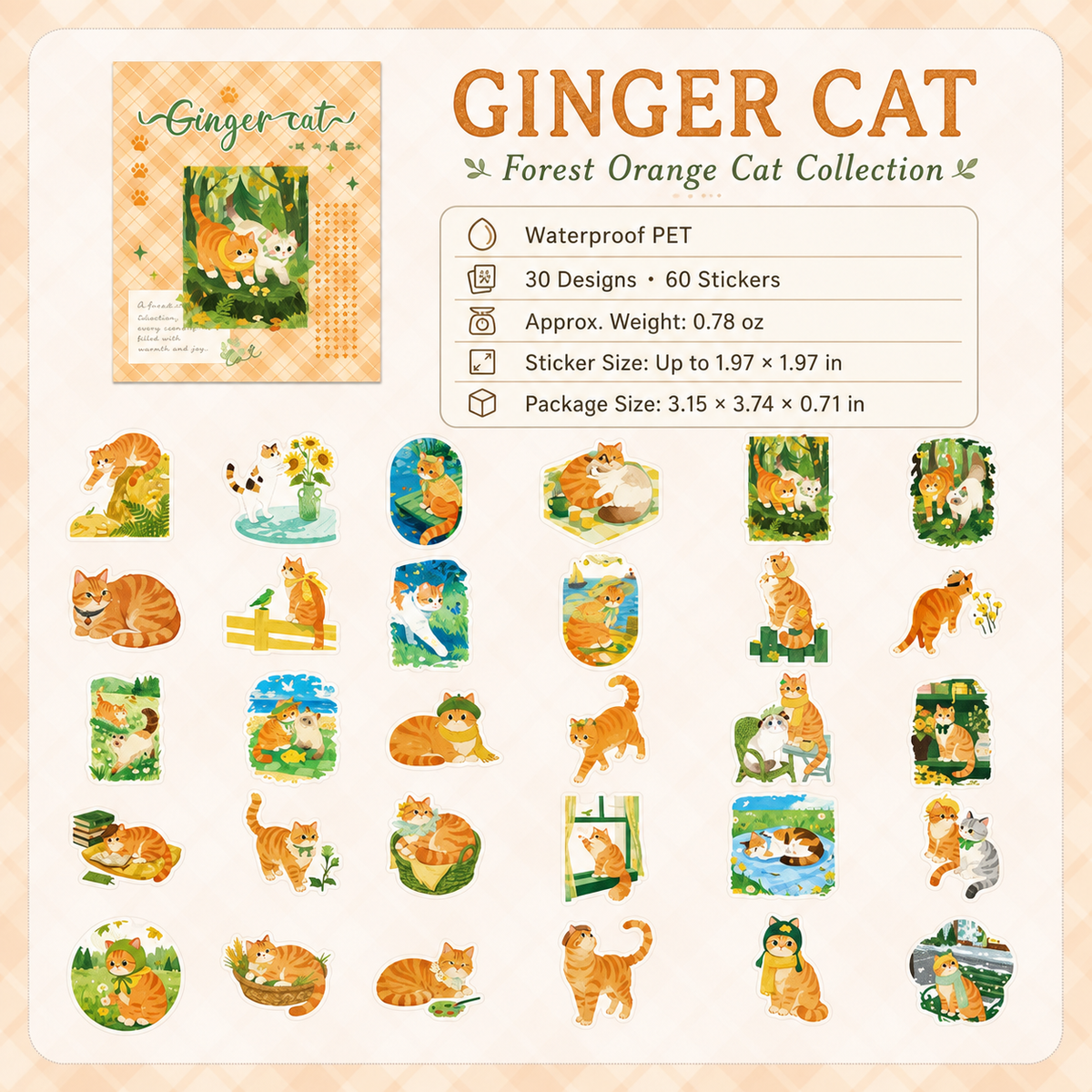 Kitten Holiday Watercolor Cat Sticker Sheets | 6 Styles, Waterproof PET