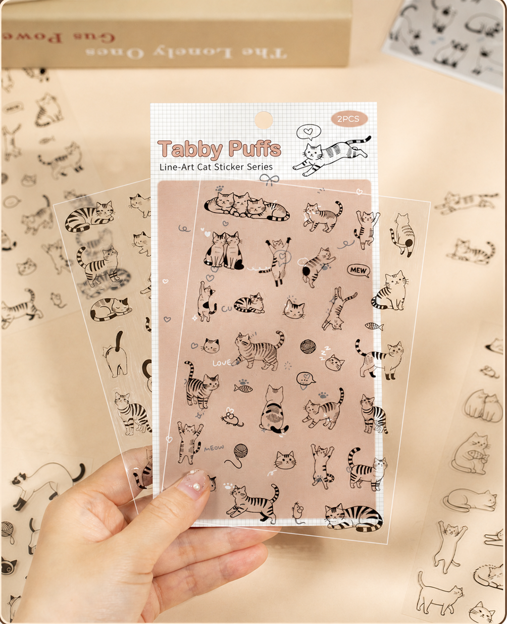 Line-Art Cartoon Cat Sticker Sheets | 4 Breeds, 2 Sheets per Pack, PET