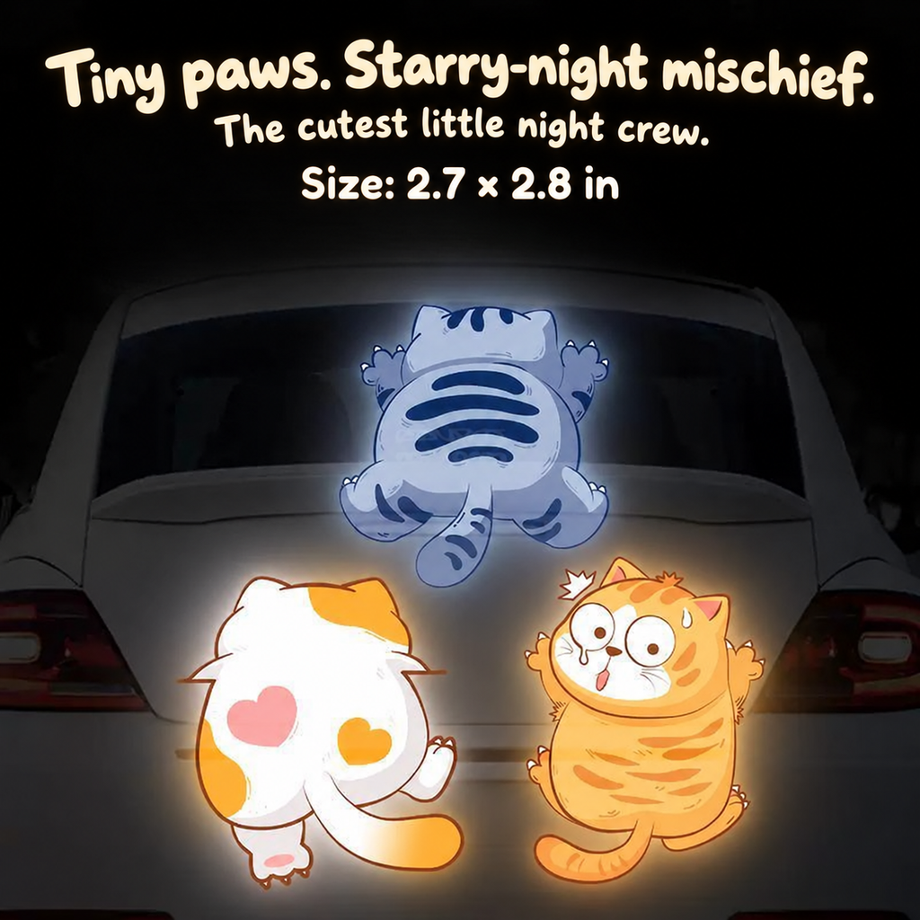 Reflective Cat Car Decal Set – Night Safety Kitty Stickers for Cars, Bikes & Scooters, 3-Piece Sets