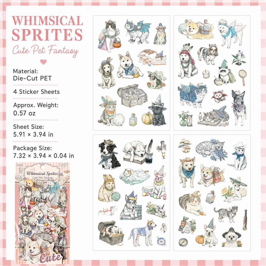 Cute Pet Series Vintage Illustrated Sticker Sheets | 6 Styles, PET