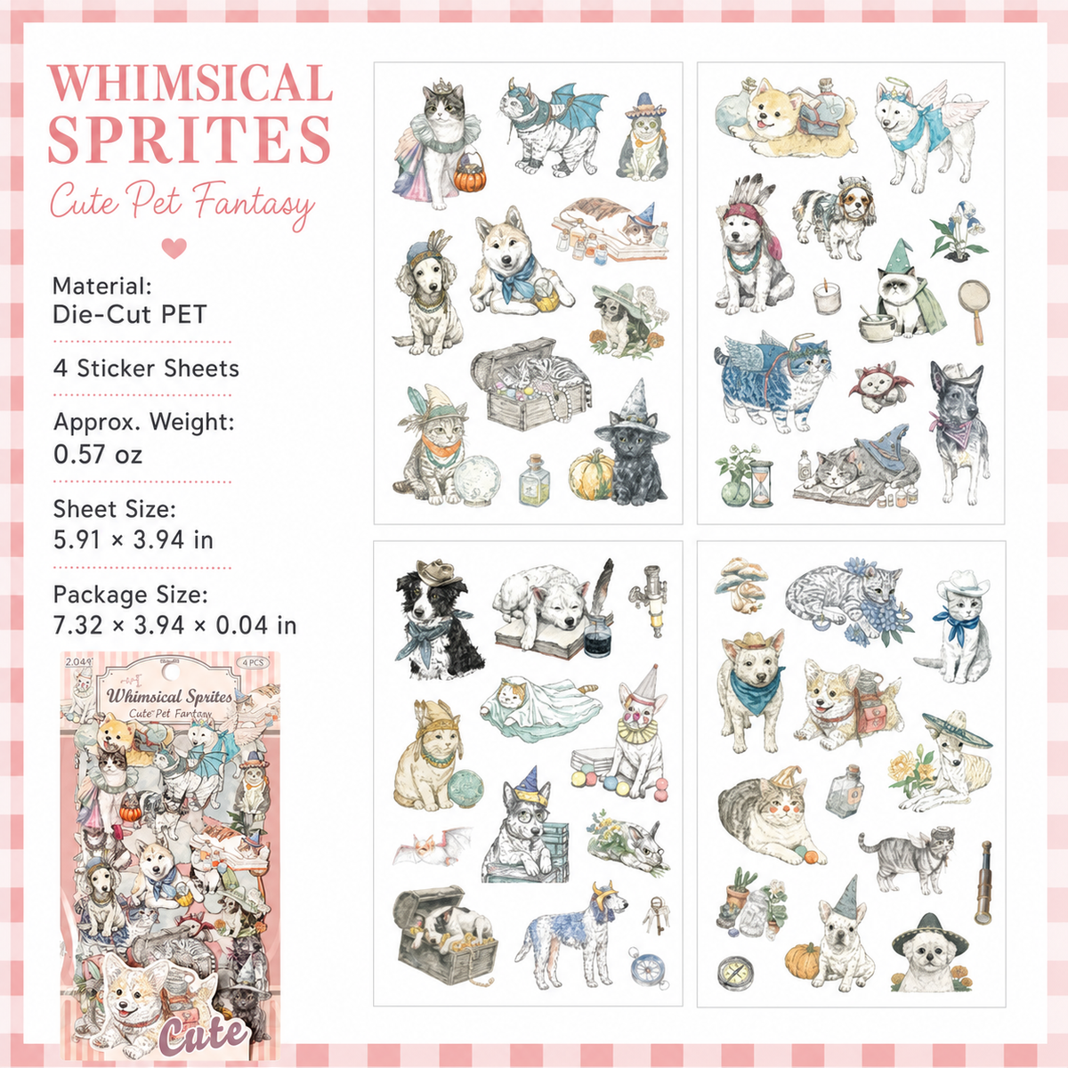 Cute Pet Series Vintage Illustrated Sticker Sheets | 6 Styles, PET