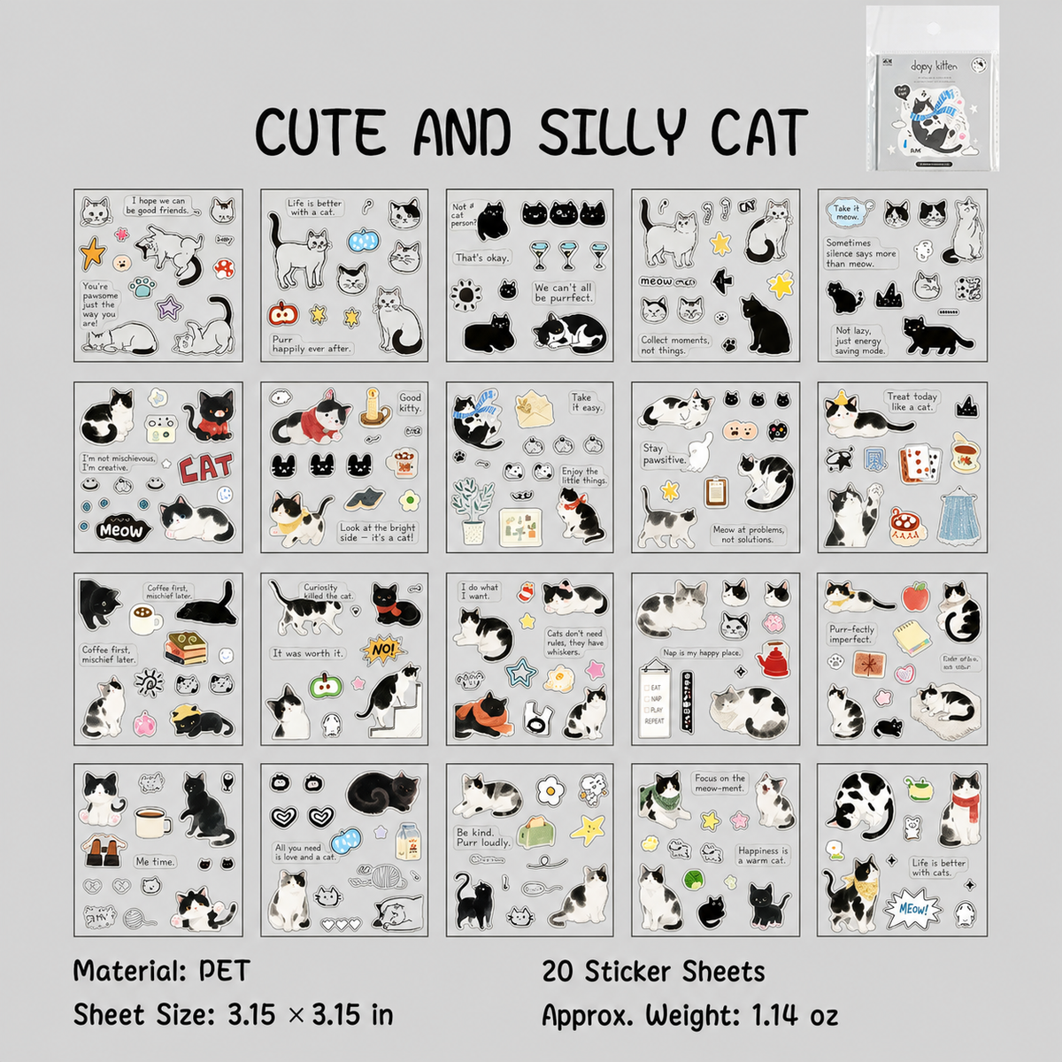 Corner Cats Sticker Sheet Set | 20 sheets per pack, 4 Styles, PET