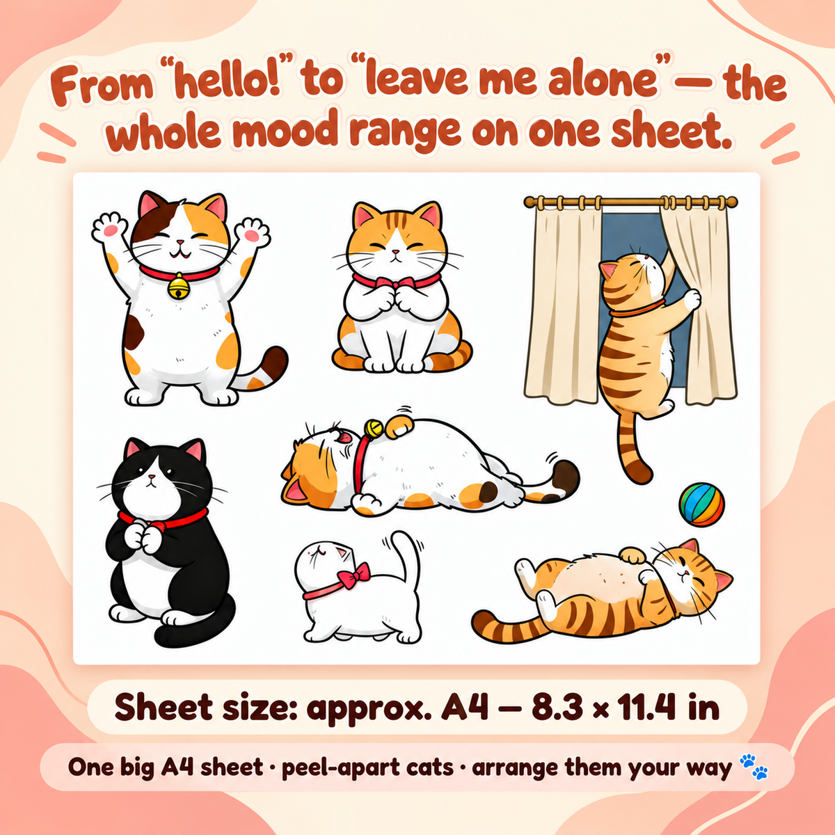Cat Sticker Sheet – A4 Waterproof Kitty Decals for Cars, Laptops & Luggage, Mix & Match, 4 Styles