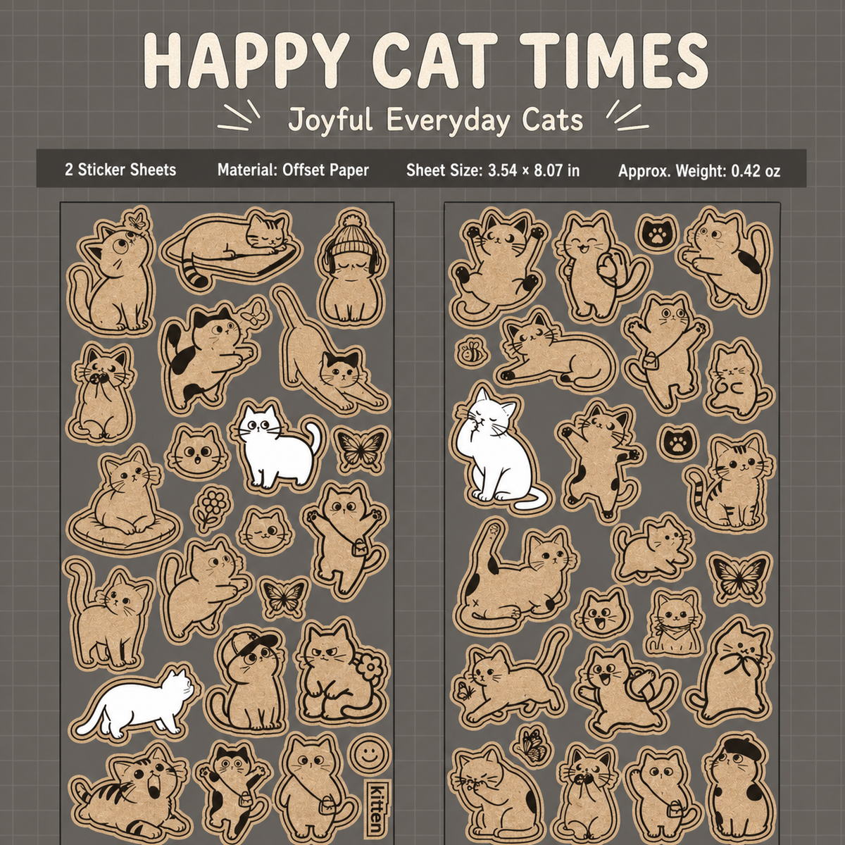 Kraft Cat Life Sticker Sheets | 2 sheets per pack, 6 Styles, Wood-Free Paper