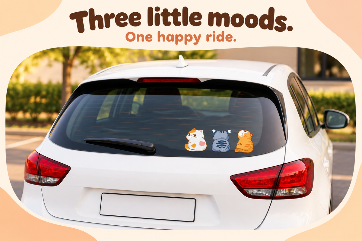 Cartoon Cat Trio Car Decal – Scratch Cover Sticker Set for Car Body & Bumper, Waterproof, 3 Styles & 3 Sizes