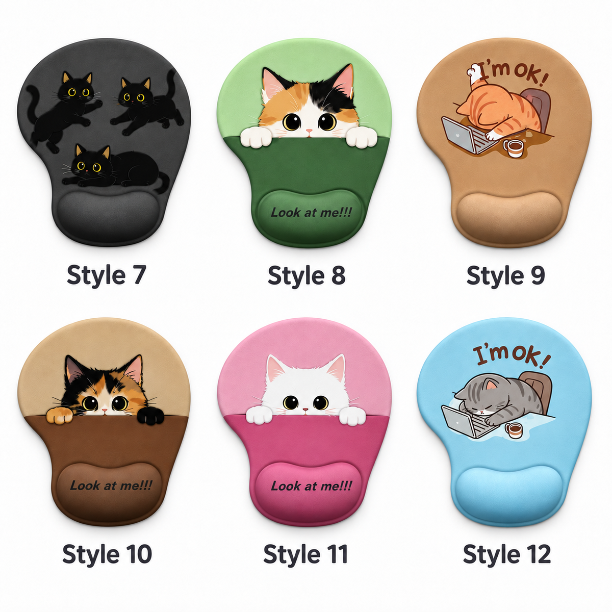 Cute Cat Mouse Pad with Silicone Wrist Rest, 12 Breeds
