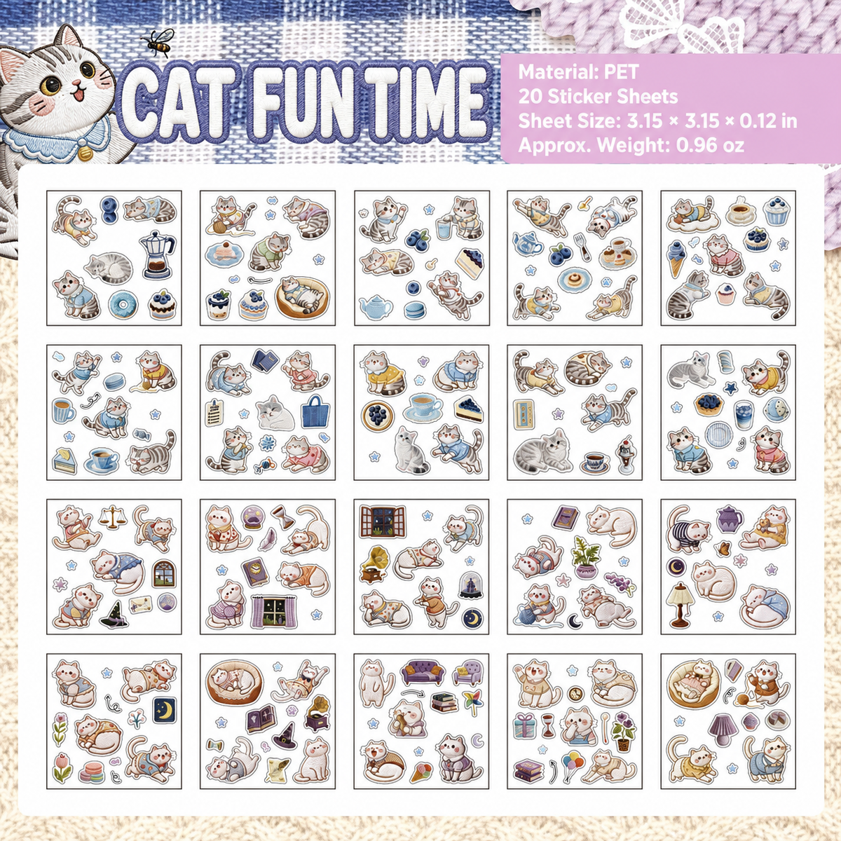 Knit Meow Story Embroidery-Style Cat Sticker Book | 20 sheets, 4 Styles, PET