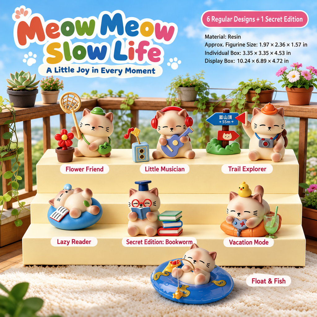Meow Meow Slow Life Blind Box – Cute Resin Cat Figurines, 6 designs + 1 secret (1 Box / Full Set)