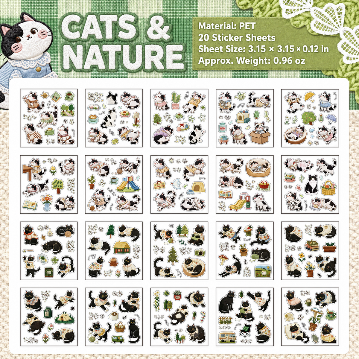 Knit Meow Story Embroidery-Style Cat Sticker Book | 20 sheets, 4 Styles, PET