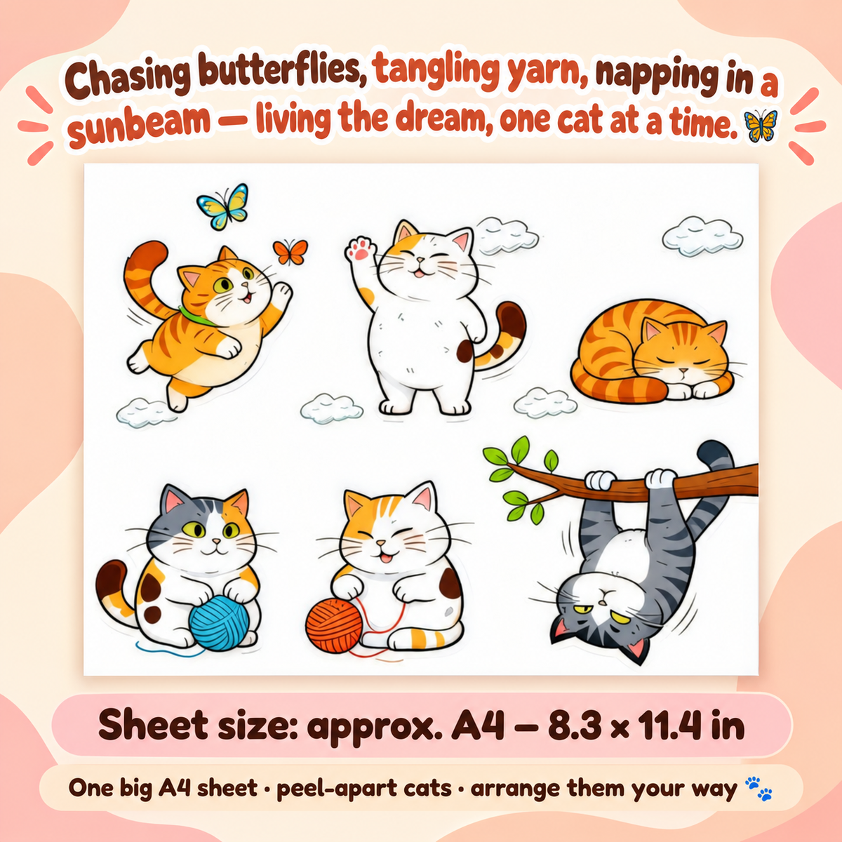 Cat Sticker Sheet – A4 Waterproof Kitty Decals for Cars, Laptops & Luggage, Mix & Match, 4 Styles