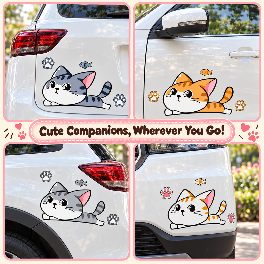 Sliding Cat Car Decal Set – Mirrored Pair Scratch Cover Sticker with Paw Prints & Fish, Waterproof, 5 Styles & 3 Sizes