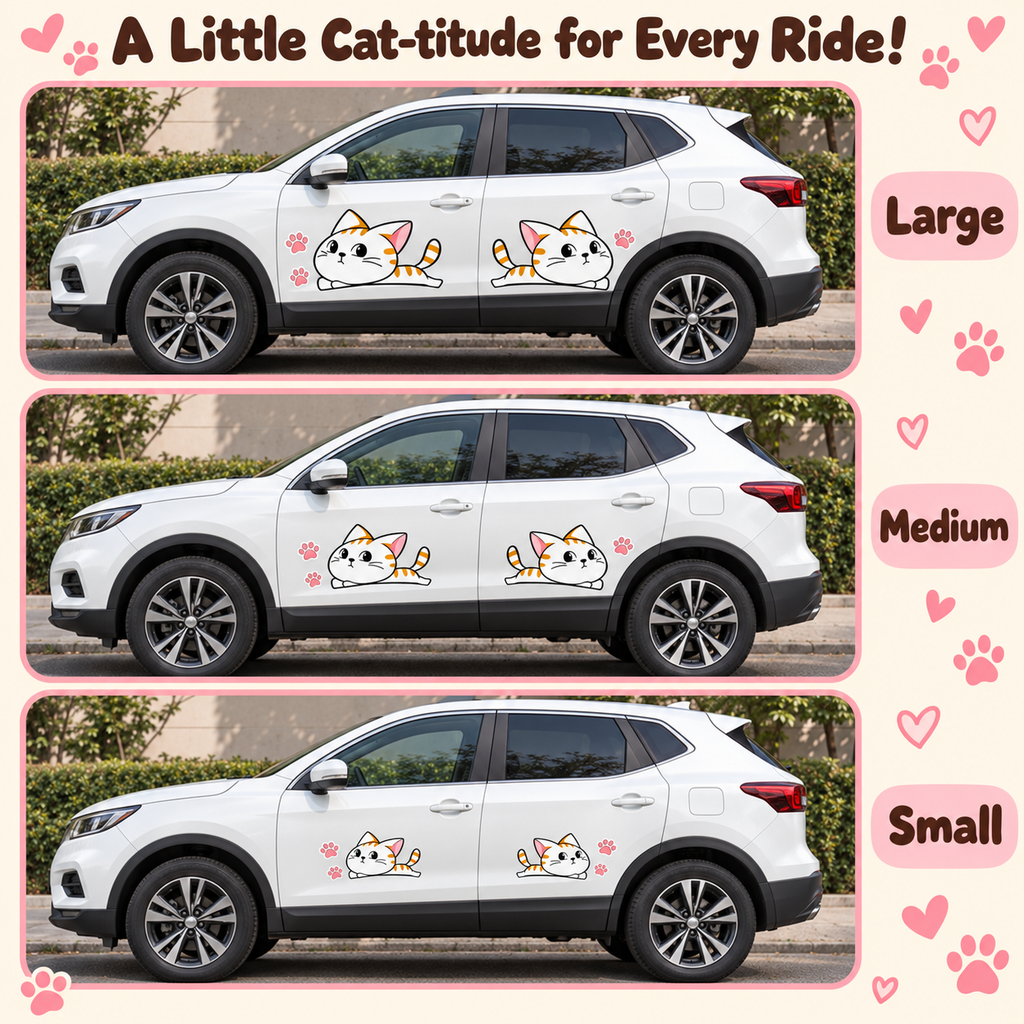 Sliding Cat Car Decal Set – Mirrored Pair Scratch Cover Sticker with Paw Prints & Fish, Waterproof, 5 Styles & 3 Sizes