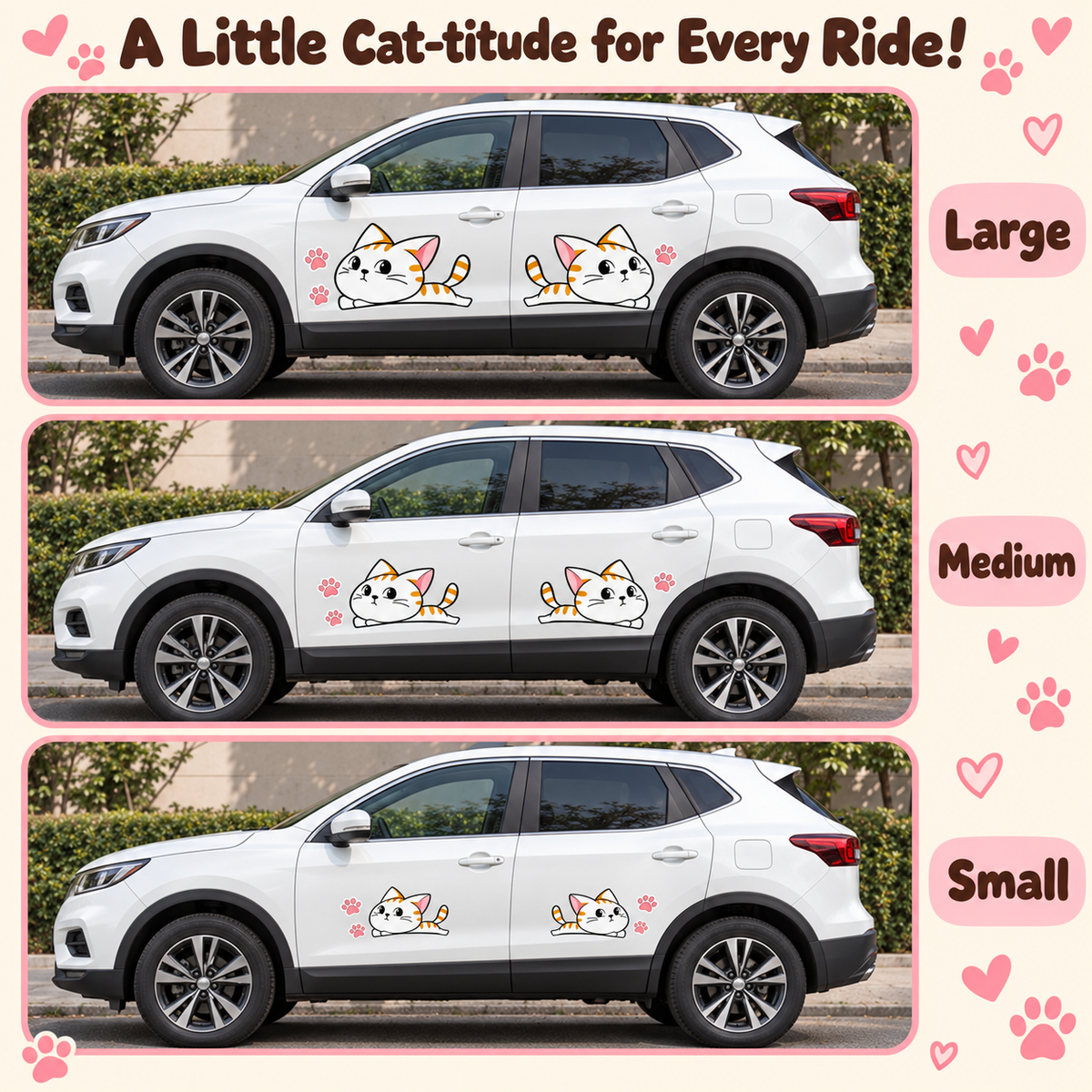 Sliding Cat Car Decal Set – Mirrored Pair Scratch Cover Sticker with Paw Prints & Fish, Waterproof, 5 Styles & 3 Sizes