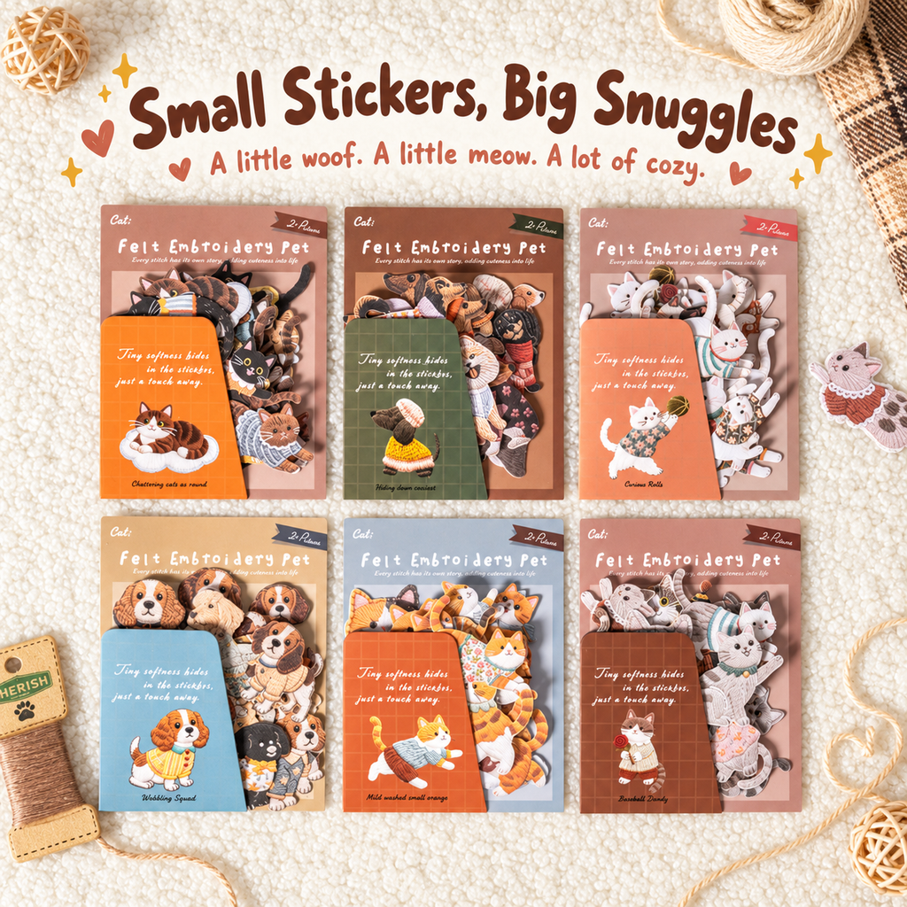 Felt Embroidery Cat & Dog Paper Sticker Flakes – 20 Pcs Stitched(6 Styles)
