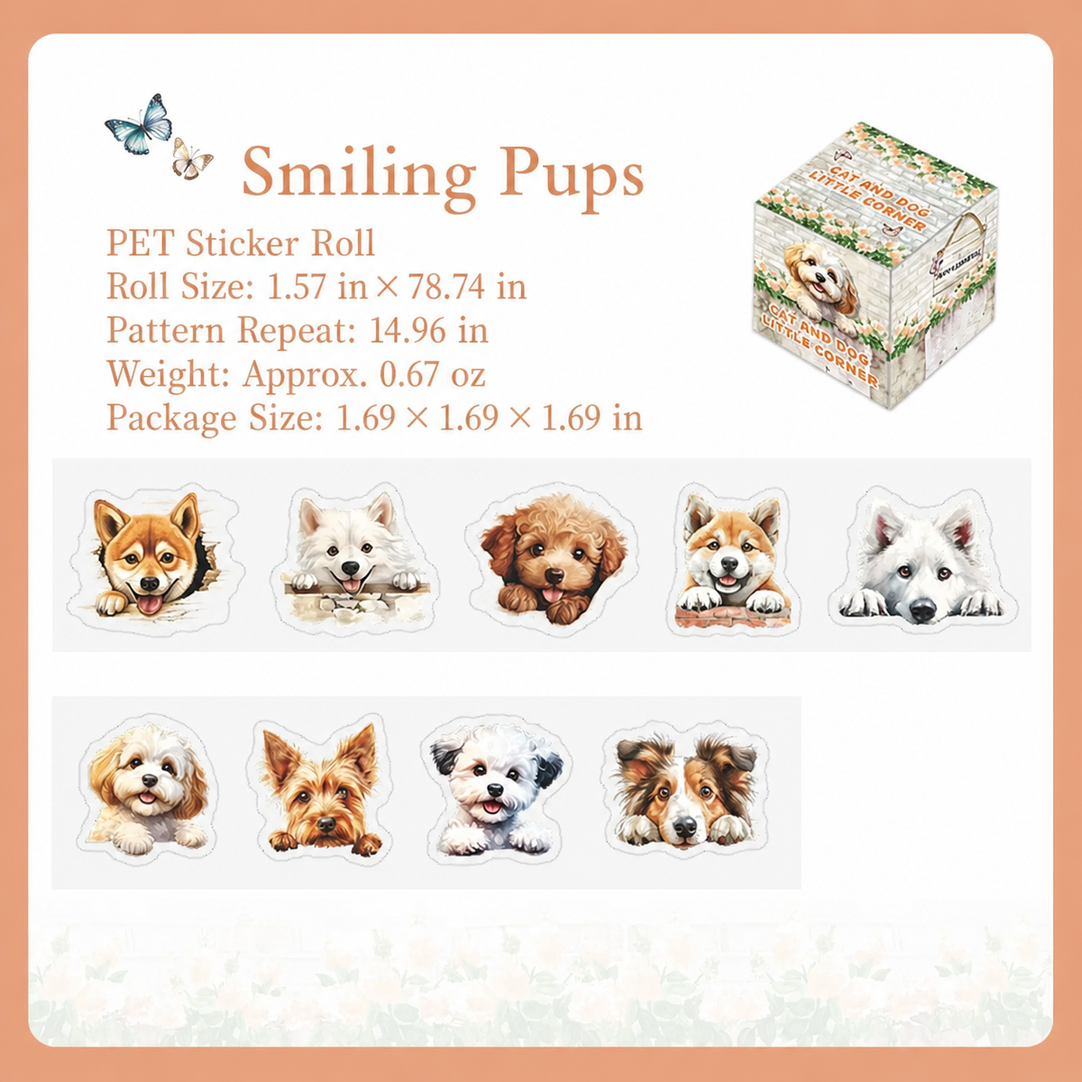 Cat and Dog Little Corner Die-Cut Washi Tape | 1 roll per pack, 6 Styles, PET