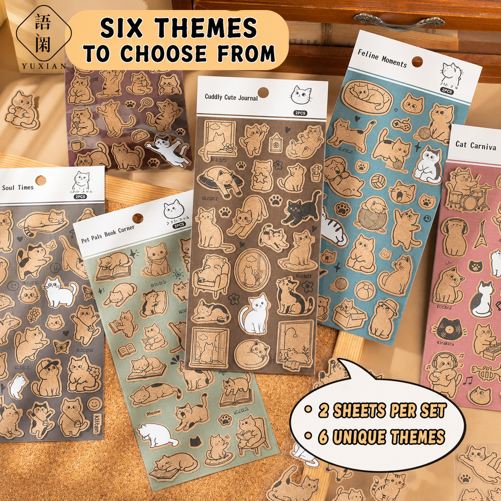 Kraft Cat Life Sticker Sheets | 2 sheets per pack, 6 Styles, Wood-Free Paper