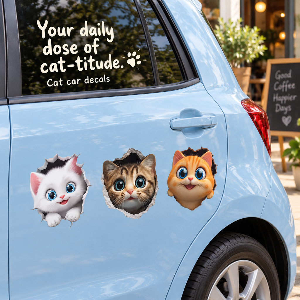 3D Cat Car Decal – Peeking Kitten Scratch Cover Sticker for Bumper & Car Body, Waterproof, 6 Styles & 3 Sizes