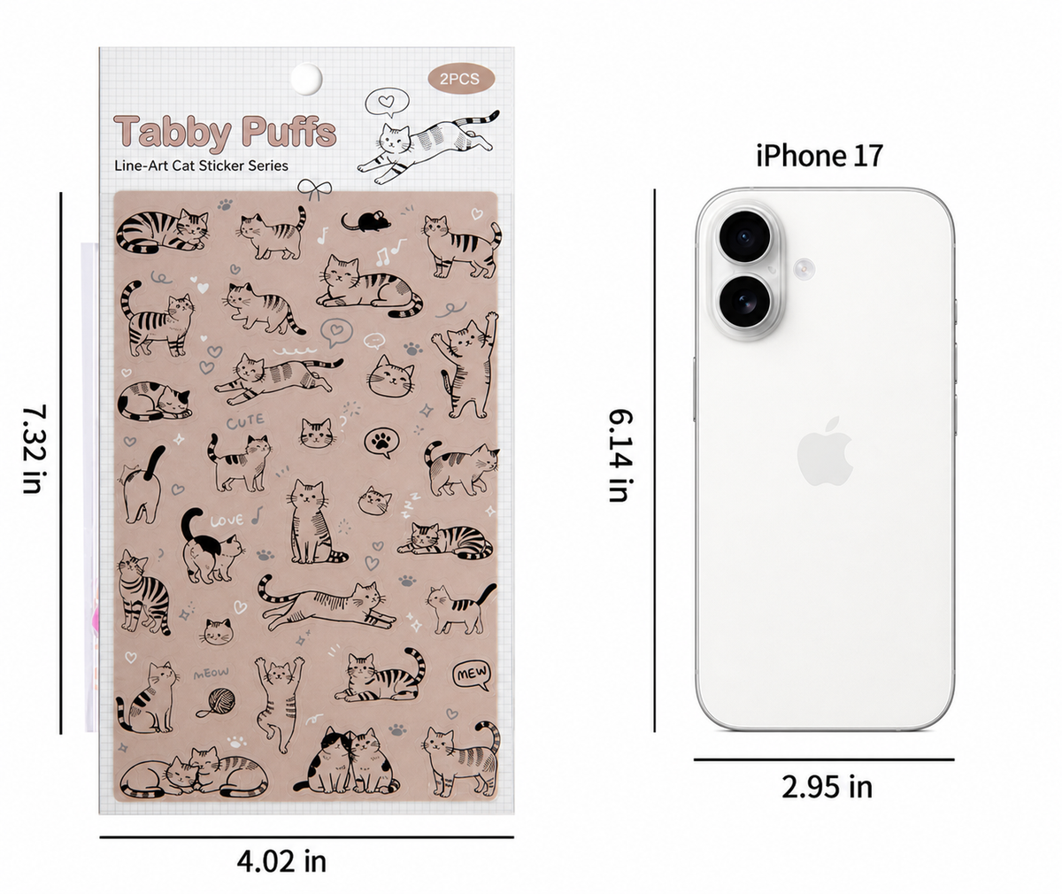 Line-Art Cartoon Cat Sticker Sheets | 4 Breeds, 2 Sheets per Pack, PET