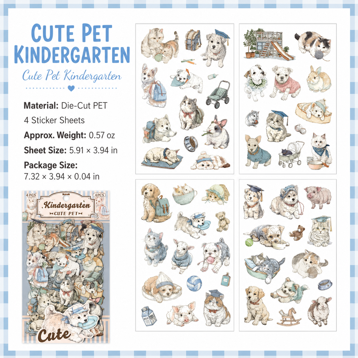 Cute Pet Series Vintage Illustrated Sticker Sheets | 6 Styles, PET