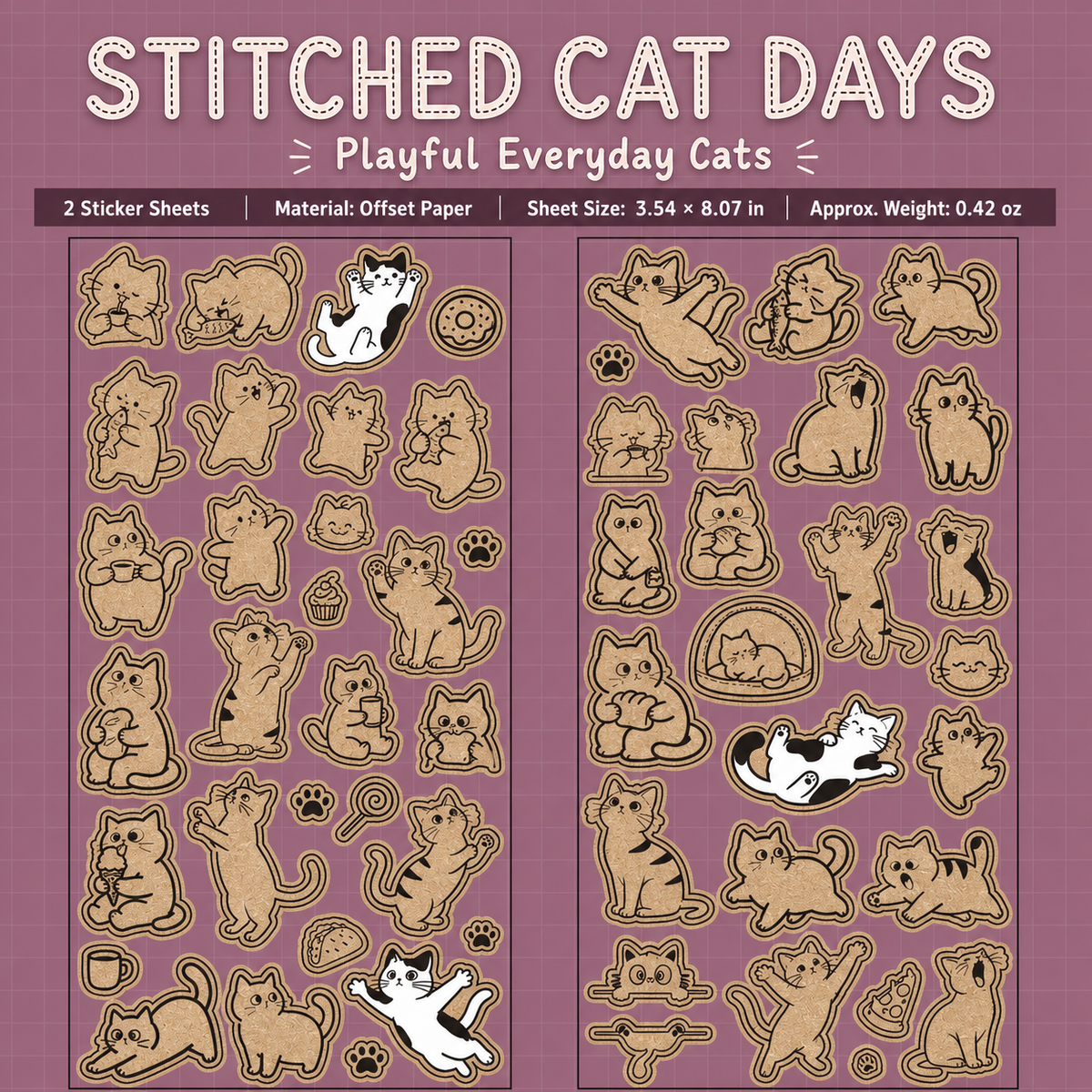 Kraft Cat Life Sticker Sheets | 2 sheets per pack, 6 Styles, Wood-Free Paper