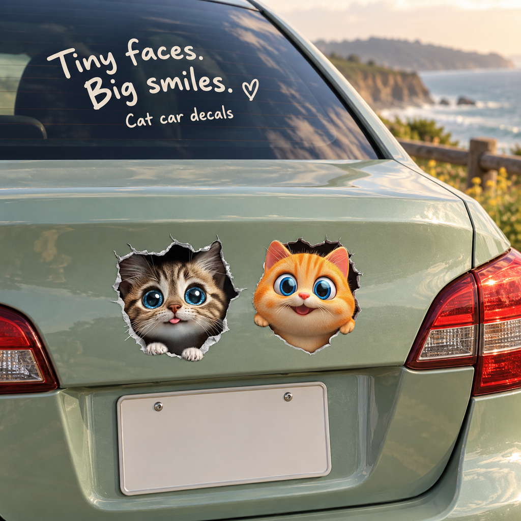 3D Cat Car Decal – Peeking Kitten Scratch Cover Sticker for Bumper & Car Body, Waterproof, 6 Styles & 3 Sizes