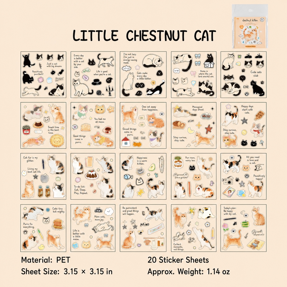 Corner Cats Sticker Sheet Set | 20 sheets per pack, 4 Styles, PET
