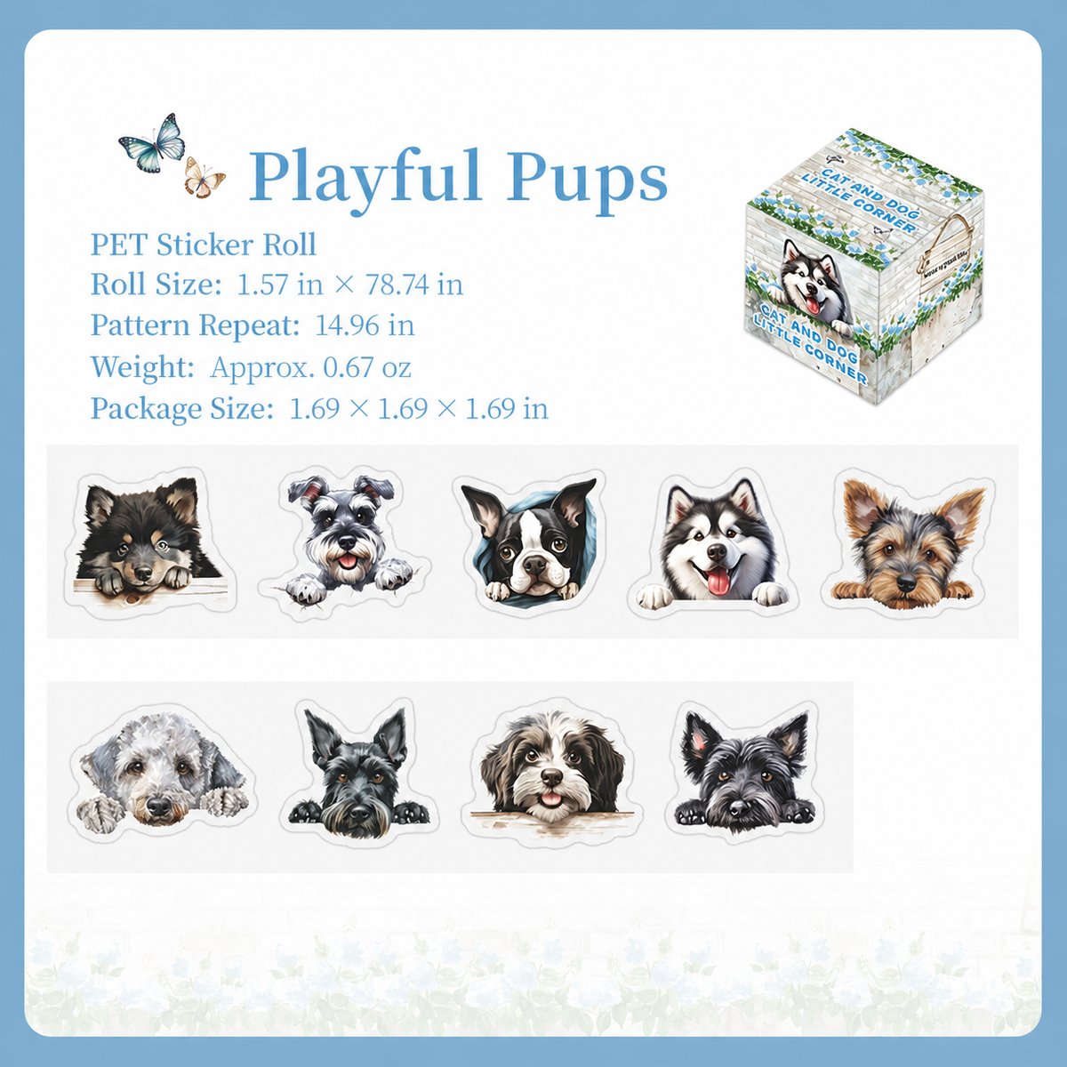 Cat and Dog Little Corner Die-Cut Washi Tape | 1 roll per pack, 6 Styles, PET