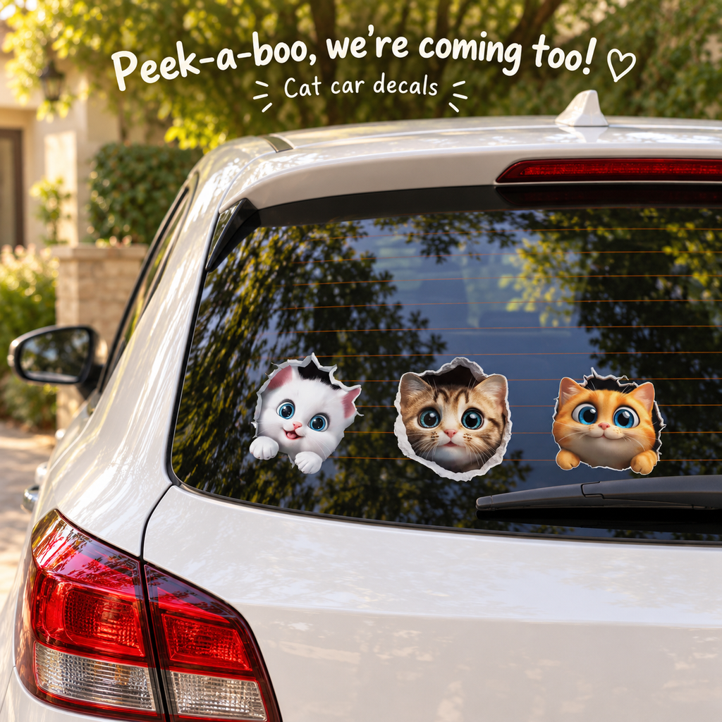 3D Cat Car Decal – Peeking Kitten Scratch Cover Sticker for Bumper & Car Body, Waterproof, 6 Styles & 3 Sizes